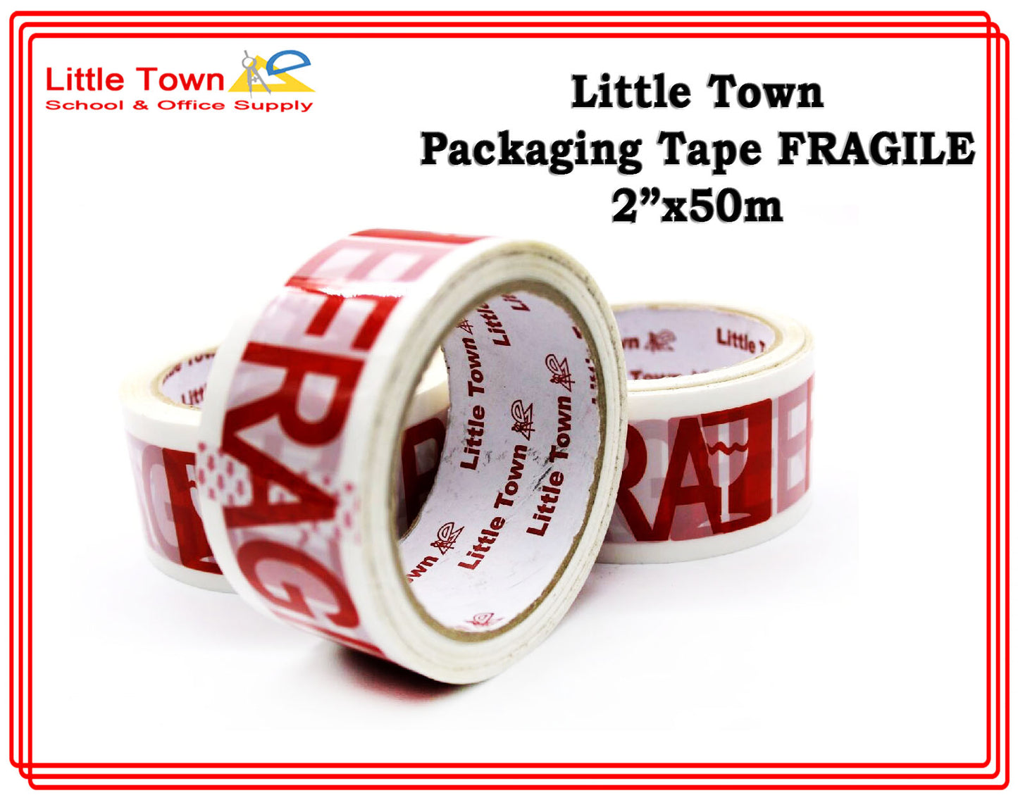 Little Town Fragile Packaging Tape White Red Print 1roll 2 Inches x 50m (48mm x 50m)