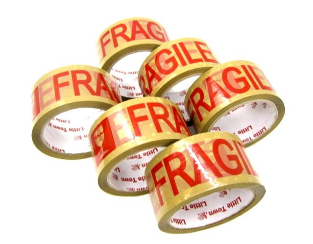 Little Town Fragile Packaging Tape Red Print Tan or Brown 2 Inches x 50m (48mm x 50m)