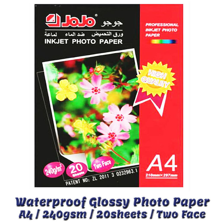 1 Pack Jojo Waterproof Glossy Photo Paper (Back to Back) 240gsm size A4 / 20sheets