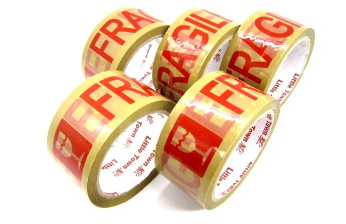 Little Town Fragile Packaging Tape Red Print Tan or Brown 2 Inches x 50m (48mm x 50m)