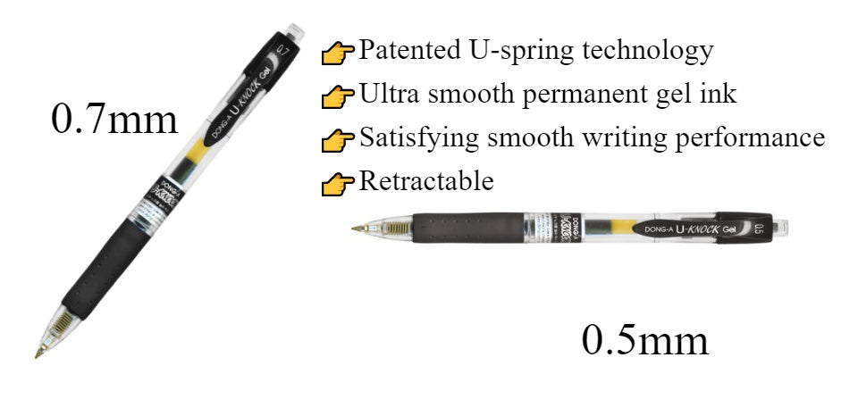 DONG-A U-KNOCK RETRACTABLE GEL PEN 0.5 and 0.7 BLACK