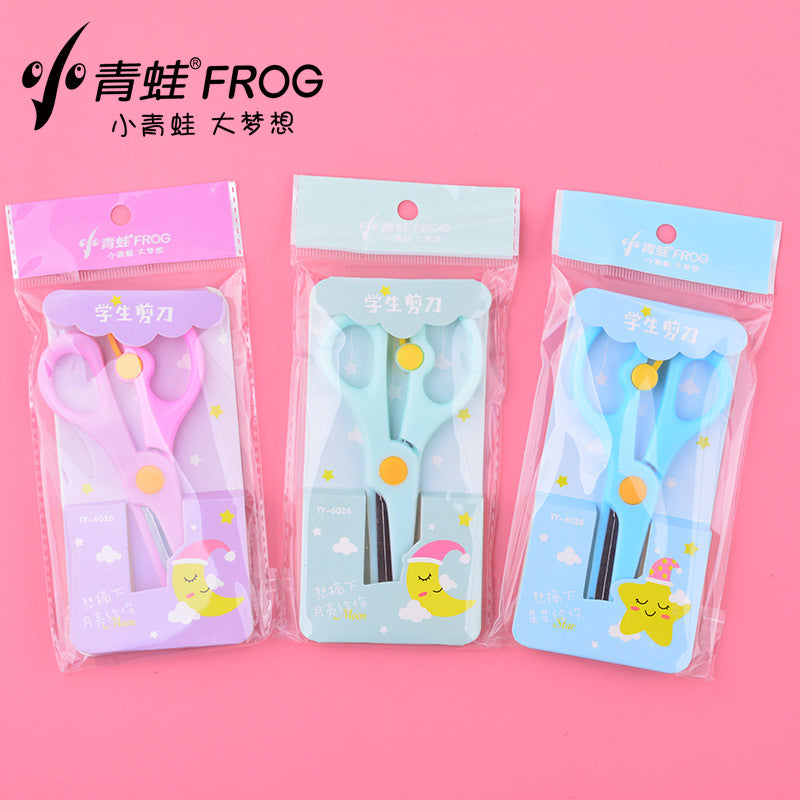 Little frog plastic scissors  with stand safety art stationery manual office stainless steel children's scissors Random Color (TY6026)