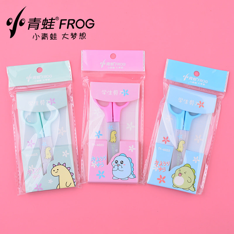 Little frog student scissors with protective shell plastic art stationery office stainless steel children's scissors random color (TY6025)